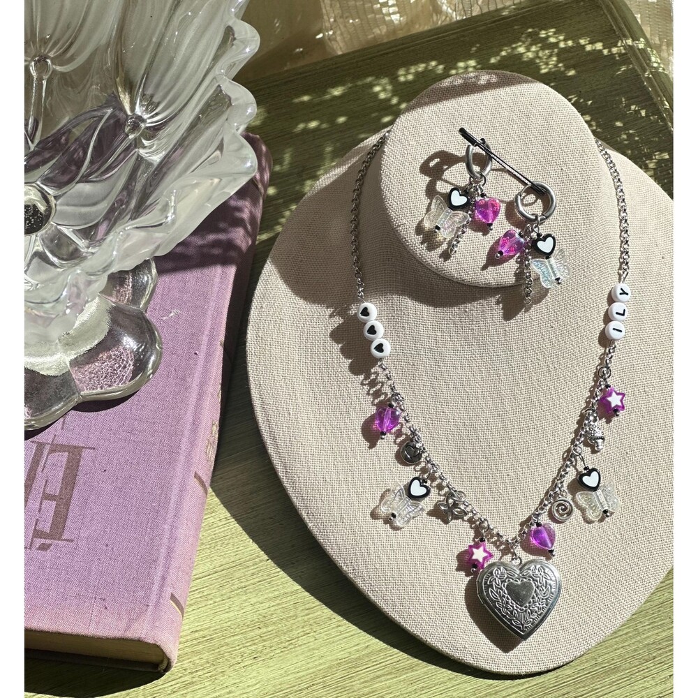 Grunge Candy Jewelry Set - Heart Locket Necklace + Butterfly Hoop Earrings - Y2K
